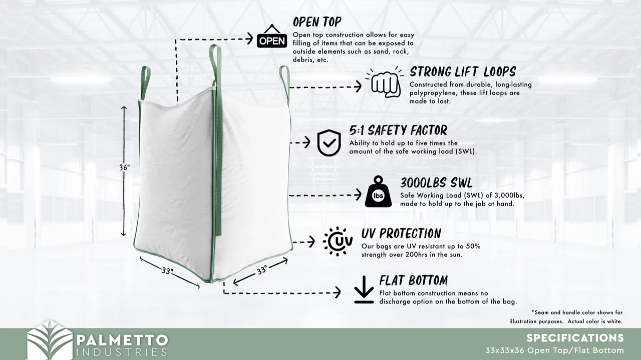 Bulk Bags (FIBC) - Open Top, Flat Bottom, 33 x 33 x 36