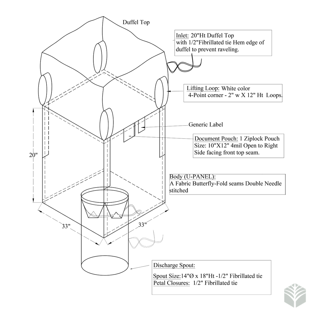 Bulk Bags (FIBC) - Open Top, Flat Bottom, 33 x 33 x 36