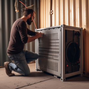 man using a dehumidifier in a shipping container